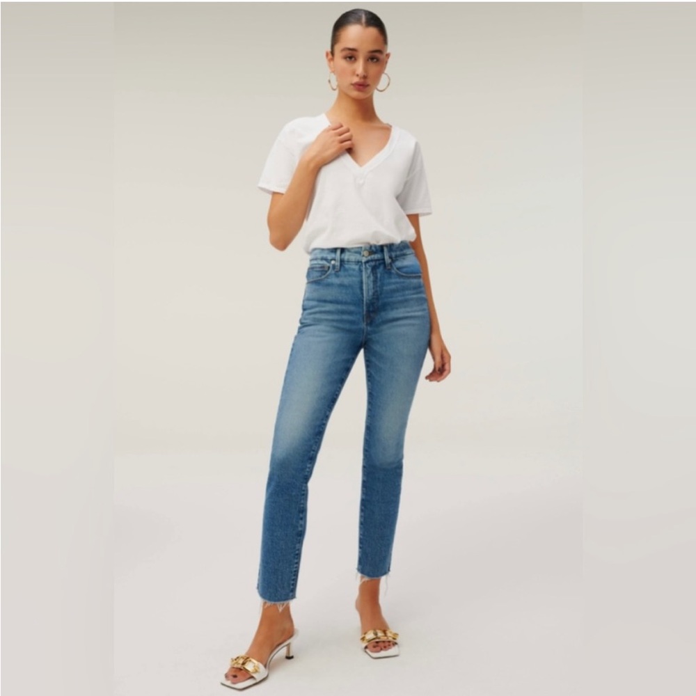 Good American Blue Classic High Waist Raw Hem Jeans Size 25